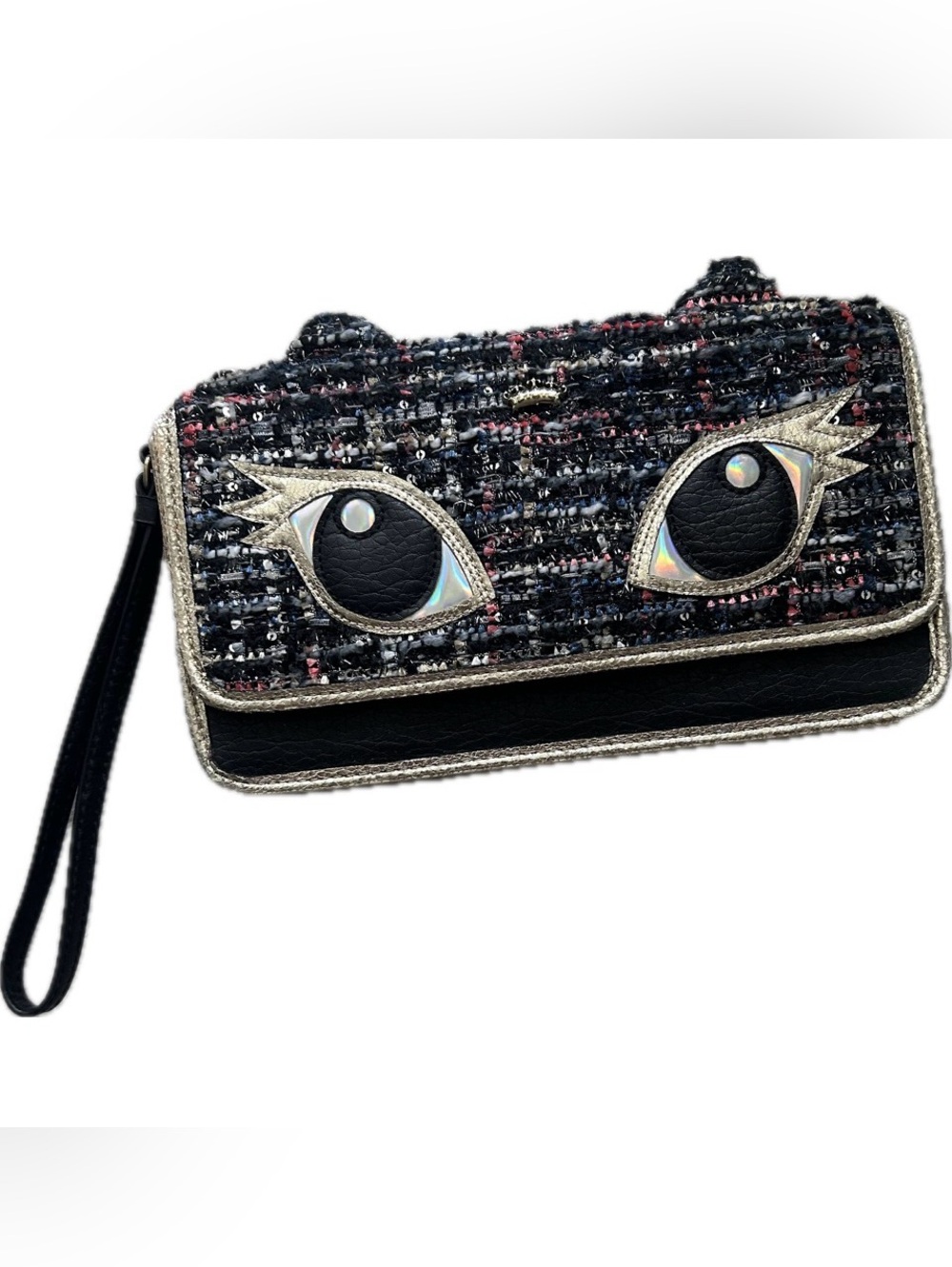 Juicy Couture Tweed Kitty Cat Clutch Wristlet Purse Black Multi Sparkle